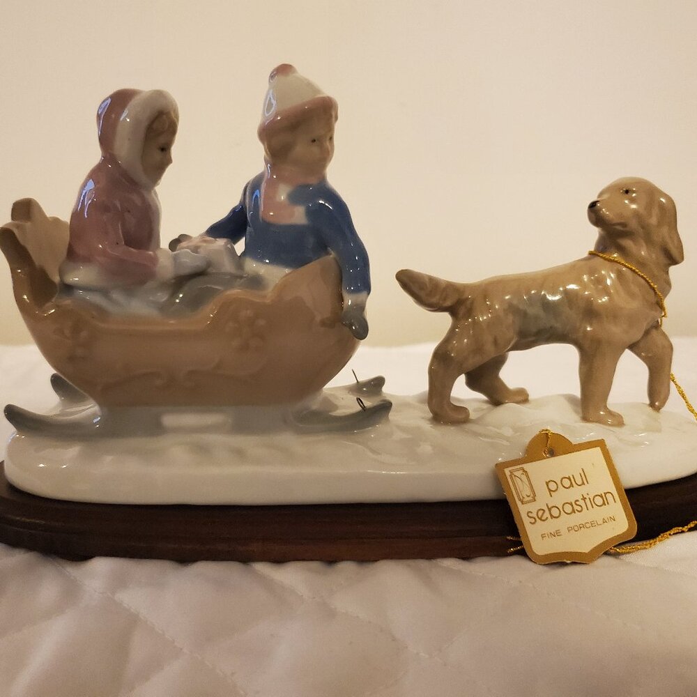 Paul Sebastian Sleigh Ride Dog & Children Porcelain Figurine
